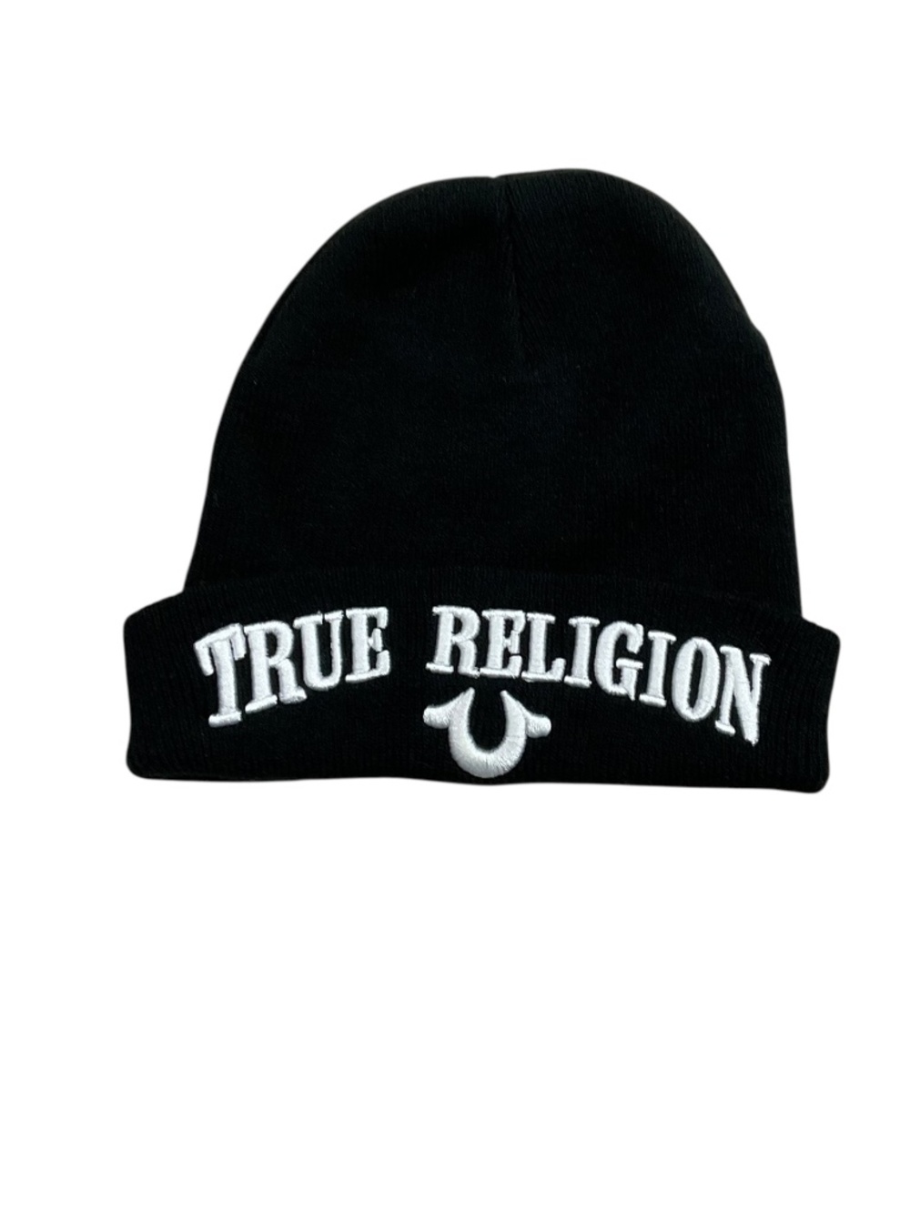 True Religion Black Embroidered Logo Cuffed Knit Beanie White Horseshoe